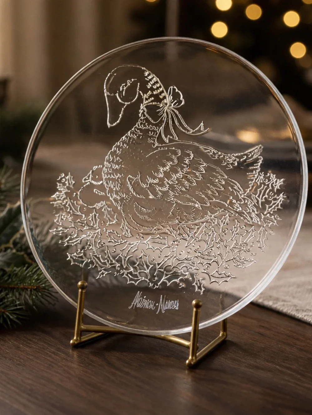 Neiman Marcus Luxury Glass Plate with Mother Goose & Young Holiday Motif 13 in
